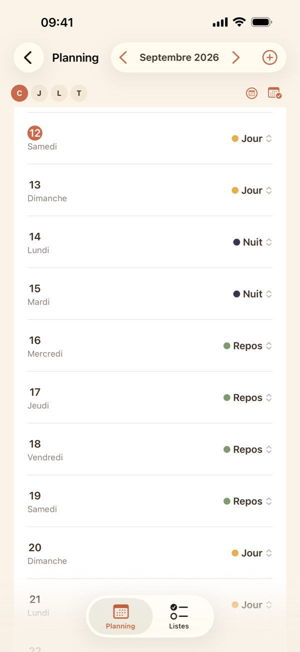 Vue Calendrier : le badge de Camille pour chaque jour du mois